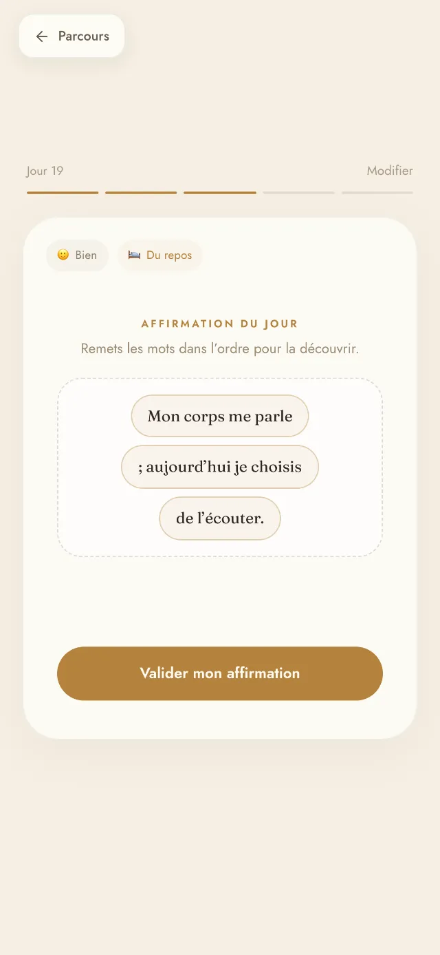 Écran de l’affirmation du jour dans Répète-le